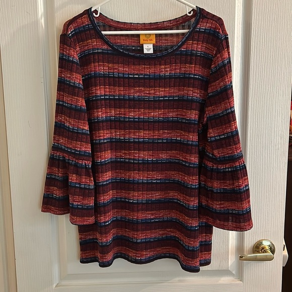 Ruby Rd. Tops - Ruby Rd maroon striped blouse with bell sleeves beautiful! Size L EUC